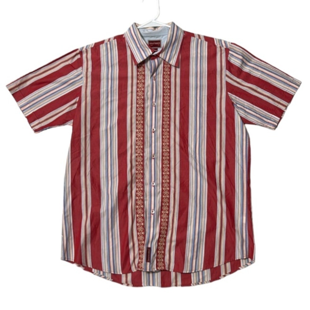 Vintage Tommy Hilfiger Shirt Button Front and embroidered short sleeve sz L